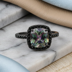 Sterling Silver Black-Rhodium Cushion-Cut Rainbow CZ Ring
