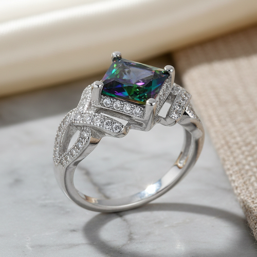 Sterling Silver Princess-Cut Rainbow CZ Ring
