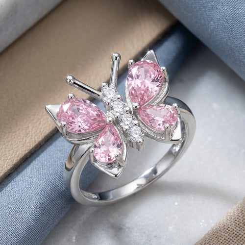 Sterling Silver Large Pink CZ Butterfly Ring