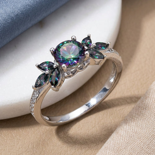 Sterling Silver Flower Leaves Rainbow CZ Ring