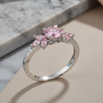 Sterling Silver Flower Leaves Pink CZ Ring