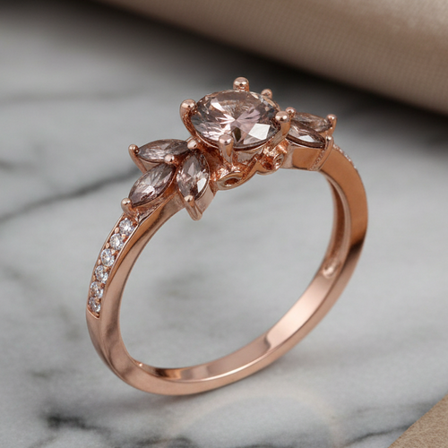 Sterling Silver Rose-Gold Flower Leaves Brown CZ Ring