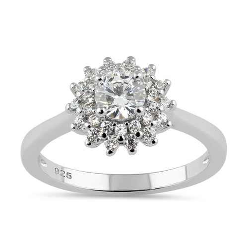 Sterling Silver Halo Sunflower Engagement CZ Ring