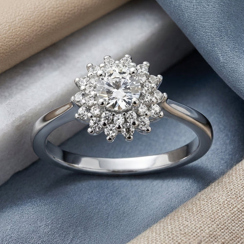 Sterling Silver Halo Sunflower Engagement CZ Ring