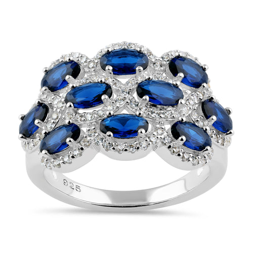 Sterling Silver Blue Sapphire CZ Cluster Ring