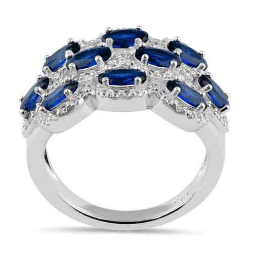 Sterling Silver Blue Sapphire CZ Cluster Ring