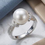 Sterling Silver Knot Shell Pearl CZ Engagement Ring