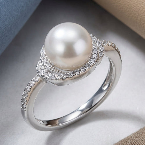 Sterling Silver Spiral Shell Pearl CZ Ring