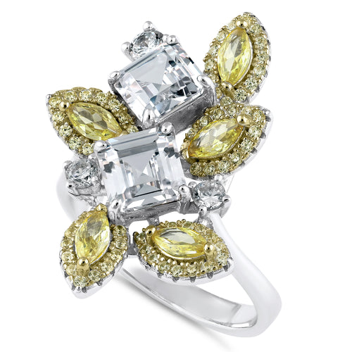 Sterling Silver Yellow and Clear CZ Cluster Ring