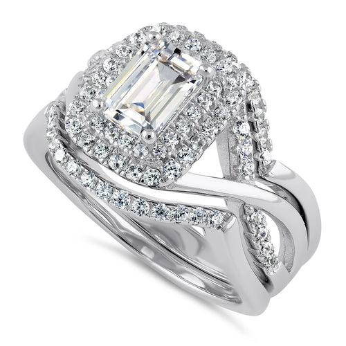 Sterling Silver Emerald-Cut CZ Halo Engagement Ring