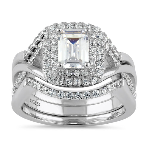 Sterling Silver Emerald-Cut CZ Halo Engagement Ring