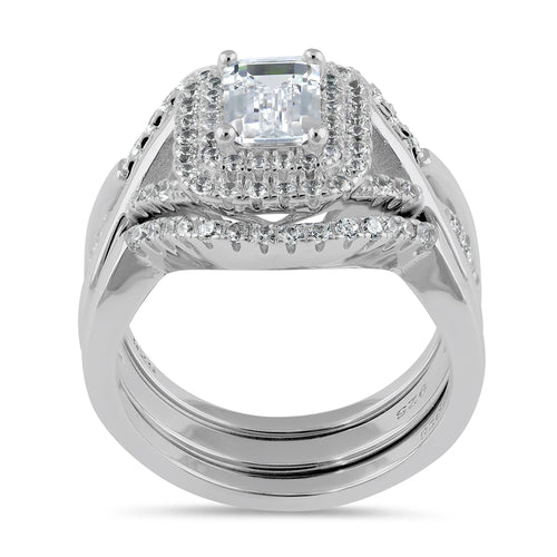 Sterling Silver Emerald-Cut CZ Halo Engagement Ring