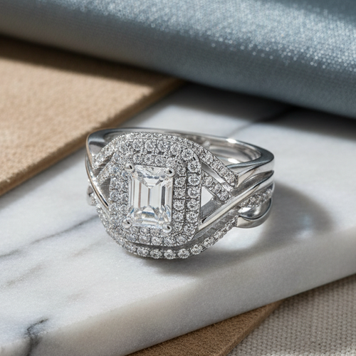 Sterling Silver Emerald-Cut CZ Halo Engagement Ring