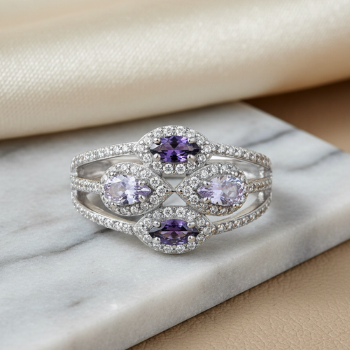 Sterling Silver Four-Stone Purple CZ Cluster Ring