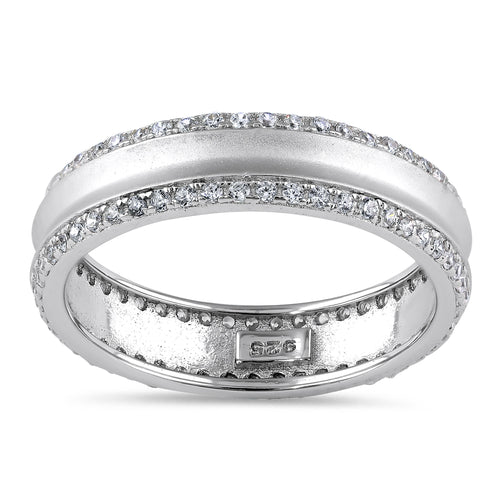 Sterling Silver Matte Line CZ Wedding Band Ring