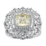 Sterling Silver Large Yellow Cushion Vintage Floral CZ Ring