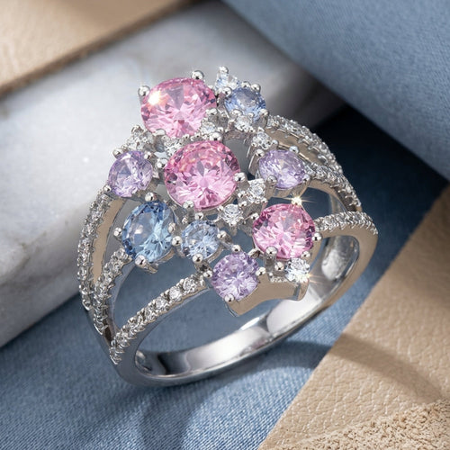 Sterling Silver Colorful Cluster CZ Ring