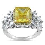 Sterling Silver Yellow Emerald-Cut Halo CZ Ring