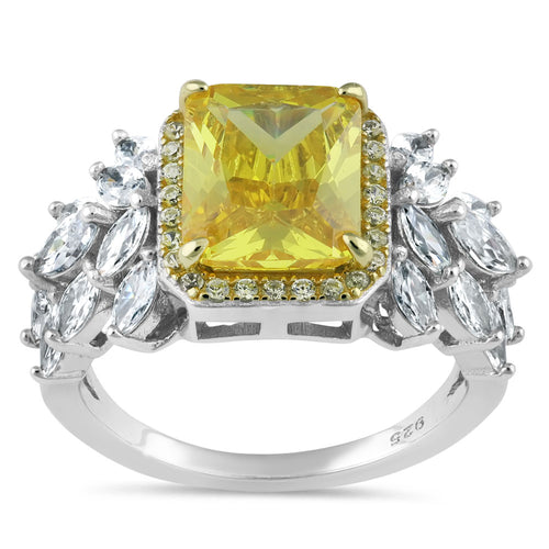 Sterling Silver Yellow Emerald-Cut Halo CZ Ring
