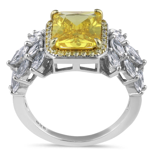 Sterling Silver Yellow Emerald-Cut Halo CZ Ring