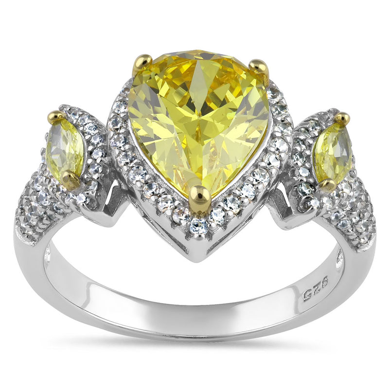 Sterling Silver Yellow Pear-Shape Halo CZ Ring
