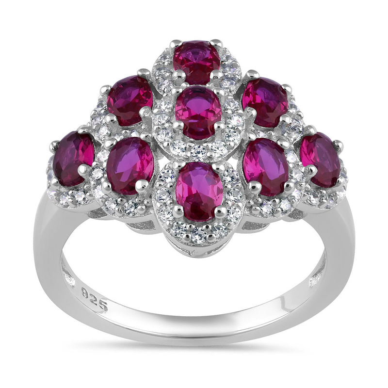 Sterling Silver Oval Red CZ Cluster Ring
