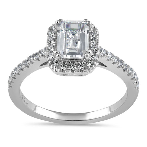 Sterling Silver Emerald-Cut Halo CZ Engagement Ring