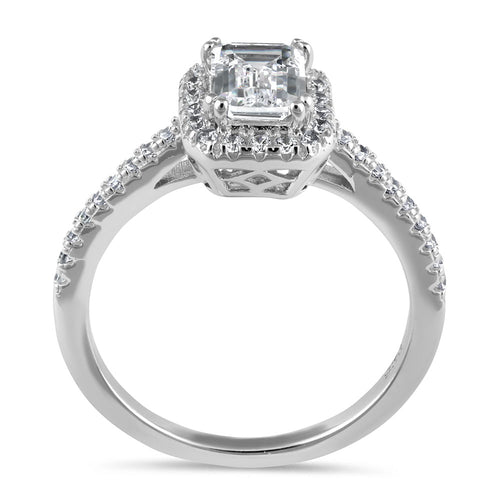 Sterling Silver Emerald-Cut Halo CZ Engagement Ring