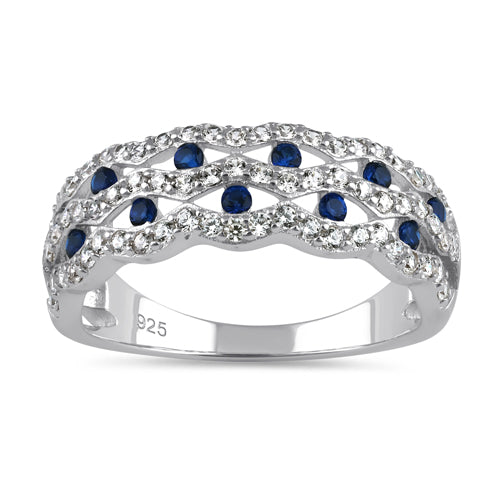 Sterling Silver Wavy Dotted Blue and Clear CZ Ring