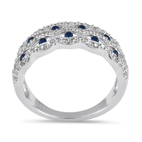 Sterling Silver Wavy Dotted Blue and Clear CZ Ring