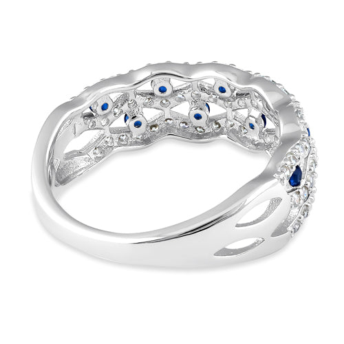Sterling Silver Wavy Dotted Blue and Clear CZ Ring