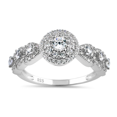 Sterling Silver Round CZ Halo Cluster Engagement Ring