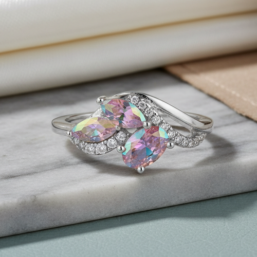 Sterling Silver Iridescent Rainbow Marquise CZ Ring