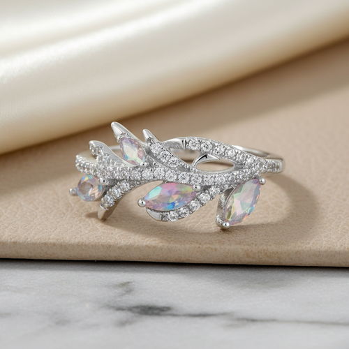 Sterling Silver Vines Iridescent Rainbow CZ Ring