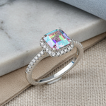 Sterling Silver Halo Iridescent Rainbow CZ Ring