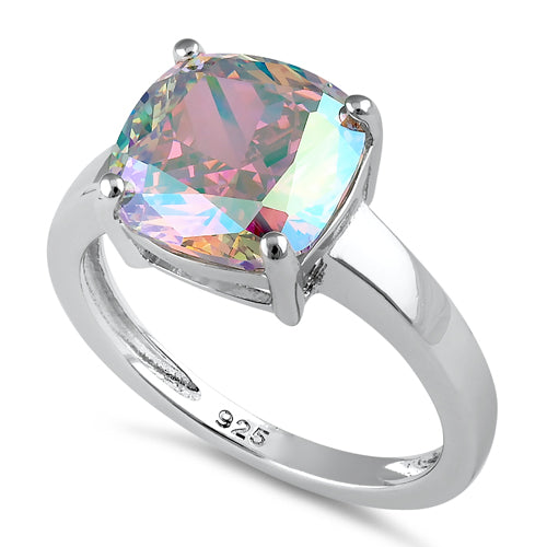 Sterling Silver Cushion-Cut Iridescent Rainbow CZ Ring