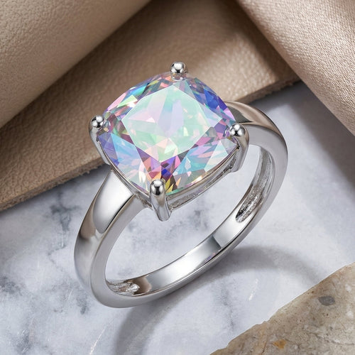 Sterling Silver Cushion-Cut Iridescent Rainbow CZ Ring