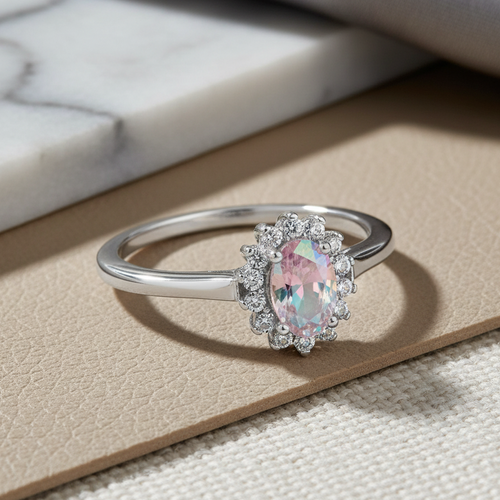Sterling Silver Oval Iridescent Rainbow Halo CZ Ring