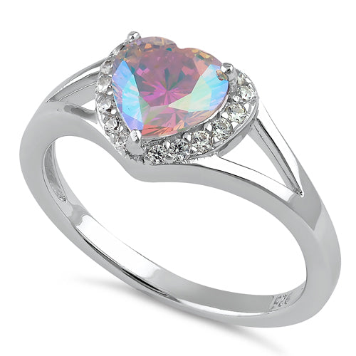 Sterling Silver Heart Iridescent Rainbow CZ Ring