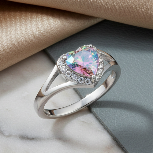 Sterling Silver Heart Iridescent Rainbow CZ Ring