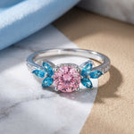 Sterling Silver Flower Leaves Pink and Blue CZ Ring
