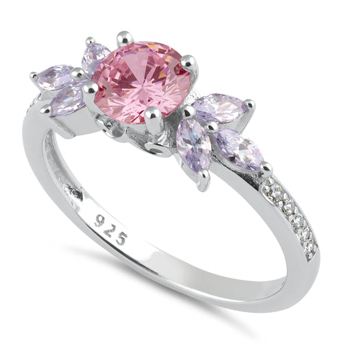 Sterling Silver Flower Leaves Pink and Lavender CZ Ring
