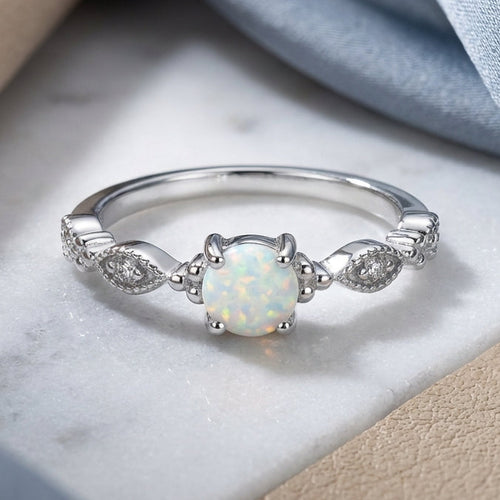 Sterling Silver Vintage Blue Lab Opal & CZ Engagement Ring