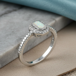 Sterling Silver White Lab Opal Octagon Halo Engagement CZ Ring