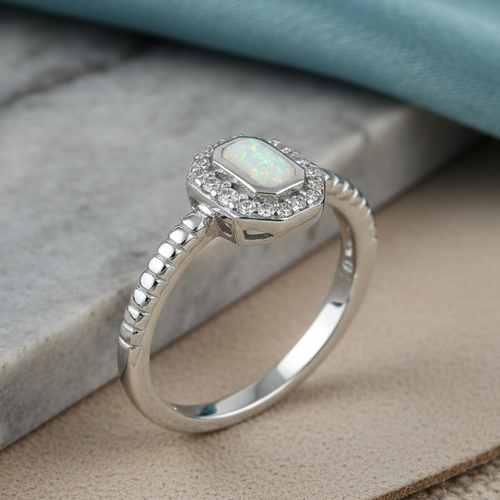 Sterling Silver White Lab Opal Octagon Halo Engagement CZ Ring