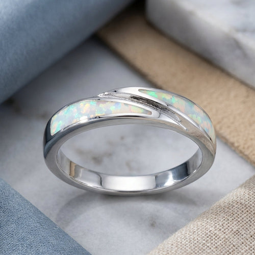 Sterling Silver White Lab-Opal Band Ring