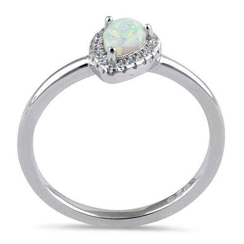 Sterling Silver White Lab Opal Tilted Pear Halo CZ Ring