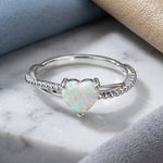 Sterling Silver White Lab Opal Heart Beaded Twist Ring