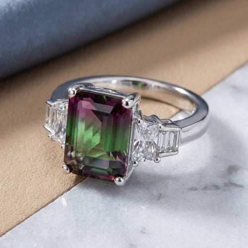 Sterling Silver Bi-Color Purple & Green Ombre CZ Ring