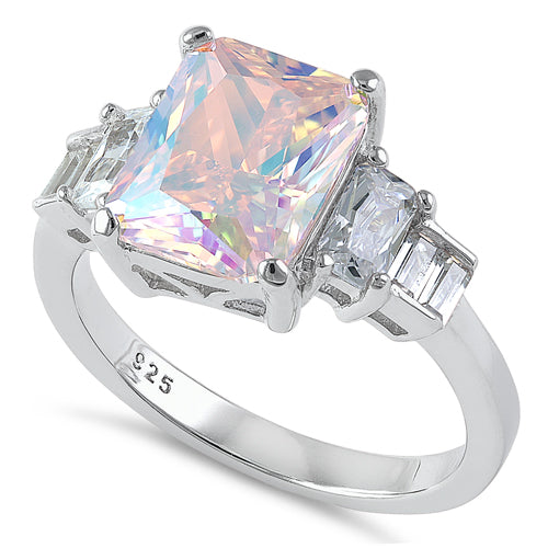 Sterling Silver Iridescent Emerald Cut CZ Ring